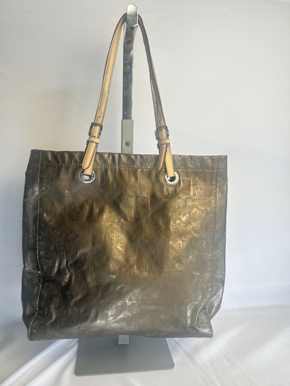 Michael Kors MK Signature Tote Bag Monogram Metallic Gold Shoulder Handbag Purse
